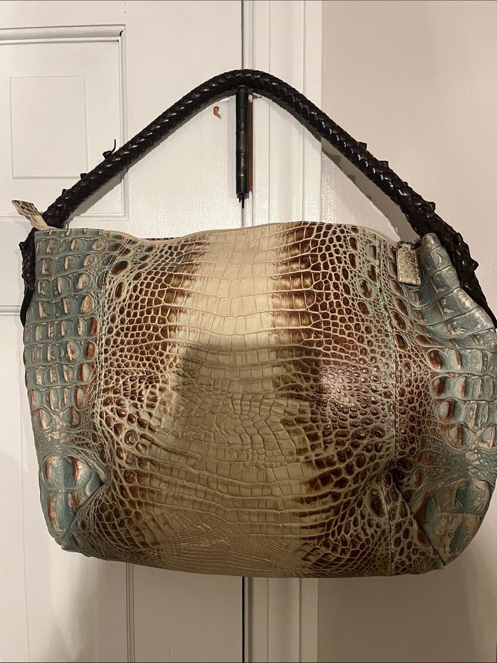 Paolo Masi Croc-Embossed Hobo in Teal, Tan & Brown